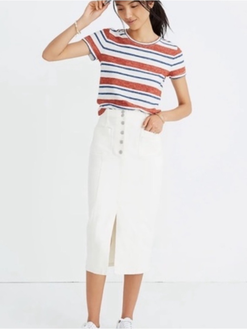 Madewell white denim split hem midi length button front skirt